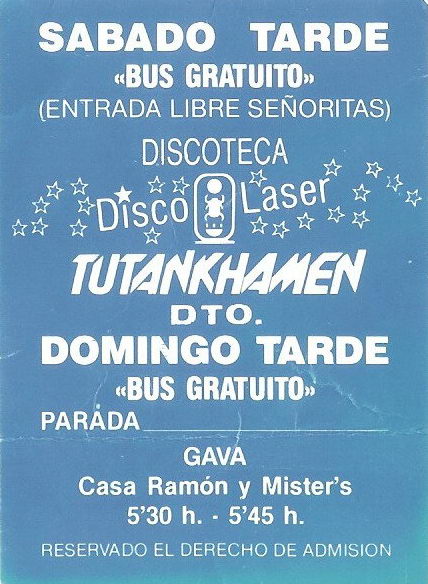 Flyer dels diumenges tarda de la discoteca Tutankhamen de Gav Mar